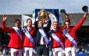 11 August 2023; Switzerland Chef d'Equipe Michel Sorg lifts the Aga Khan trophy with the team during the Longines FEI Jumping Nations Cup™ of Ireland international competition during the 2023 Longines FEI Dublin Horse Show at the RDS in Dublin. Photo by David Fitzgerald/Sportsfile