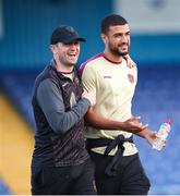 11 August 2023; Galway United players goalkeeper Brendan Clarke, left, and Wassim Aouachria before the SSE Airtricity Men's First Division match between Waterford and Galway United at RSC in Waterford. Photo by Michael P Ryan/Sportsfile