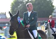 11 August 2023; Cian O'Connor of Ireland on Eve D'Ouilly after finishing second in the Aga Khan during the Longines FEI Jumping Nations Cup™ of Ireland international competition during the 2023 Longines FEI Dublin Horse Show at the RDS in Dublin. Photo by David Fitzgerald/Sportsfile