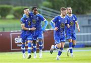 11 August 2023; Ronan Coughlan of Waterford, left, celebrates after scoring his side's first goal with teammate Roland Idowu during the SSE Airtricity Men's First Division match between Waterford and Galway United at RSC in Waterford. Photo by Michael P Ryan/Sportsfile