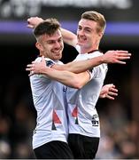 11 August 2023; Daniel Kelly of Dundalk celebrates with teammate Archie Davies, left, after scoring their side's first goal during the SSE Airtricity Men's Premier Division match between Dundalk and Sligo Rovers at Oriel Park in Dundalk, Louth. Photo by Ben McShane/Sportsfile