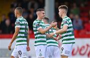 11 August 2023; Markus Poom of Shamrock Rovers, right, celebrates with teammate Gary O'Neill after scoring their side's first goal during the SSE Airtricity Men's Premier Division match between Shelbourne and Shamrock Rovers at Tolka Park in Dublin. Photo by Seb Daly/Sportsfile