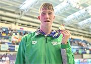 11 August 2023; Daniel Wiffen of Ireland celebrates with his gold medal after winning the men's 1500m freestyle <STAGE> during day one of the European U23 Swimming Championships at the National Aquatic Centre in Dublin. Photo by Tyler Miller/Sportsfile