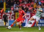 11 August 2023; Will Jarvis of Shelbourne in action against Gary O'Neill of Shamrock Rovers during the SSE Airtricity Men's Premier Division match between Shelbourne and Shamrock Rovers at Tolka Park in Dublin. Photo by John Sheridan/Sportsfile