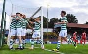 11 August 2023; Markus Poom of Shamrock Rovers, left, celebrates with teammates after scoring their side's first goal during the SSE Airtricity Men's Premier Division match between Shelbourne and Shamrock Rovers at Tolka Park in Dublin. Photo by Seb Daly/Sportsfile