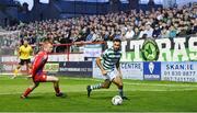 11 August 2023; Roberto Lopes of Shamrock Rovers in action against Shane Farrell of Shelbourne during the SSE Airtricity Men's Premier Division match between Shelbourne and Shamrock Rovers at Tolka Park in Dublin. Photo by Seb Daly/Sportsfile
