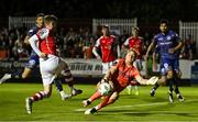 11 August 2023; Bohemians goalkeeper James Talbot in action against Chris Forrester of St Patrick's Athletic during the SSE Airtricity Men's Premier Division match between St Patrick's Athletic and Bohemians at Richmond Park in Dublin. Photo by Eóin Noonan/Sportsfile