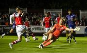 11 August 2023; Bohemians goalkeeper James Talbot in action against Chris Forrester of St Patrick's Athletic during the SSE Airtricity Men's Premier Division match between St Patrick's Athletic and Bohemians at Richmond Park in Dublin. Photo by Eóin Noonan/Sportsfile