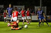 11 August 2023; Bohemians goalkeeper James Talbot in action against Chris Forrester of St Patrick's Athletic during the SSE Airtricity Men's Premier Division match between St Patrick's Athletic and Bohemians at Richmond Park in Dublin. Photo by Eóin Noonan/Sportsfile