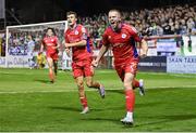 11 August 2023; Gavin Molloy of Shelbourne celebrates after scoring his side's first goal during the SSE Airtricity Men's Premier Division match between Shelbourne and Shamrock Rovers at Tolka Park in Dublin. Photo by Seb Daly/Sportsfile