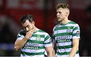 11 August 2023; Shamrock Rovers players Richie Towell, left, and Markus Poom after the SSE Airtricity Men's Premier Division match between Shelbourne and Shamrock Rovers at Tolka Park in Dublin. Photo by Seb Daly/Sportsfile