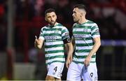 11 August 2023; Shamrock Rovers players Roberto Lopes, left, and Aaron Greene after the SSE Airtricity Men's Premier Division match between Shelbourne and Shamrock Rovers at Tolka Park in Dublin. Photo by Seb Daly/Sportsfile