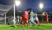 11 August 2023; Tyreke Wilson of Shelbourne, 13, celebrates his side's equalising goal, scored by teammate Gavin Molloy, hidden, during the SSE Airtricity Men's Premier Division match between Shelbourne and Shamrock Rovers at Tolka Park in Dublin. Photo by Seb Daly/Sportsfile
