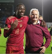 11 August 2023; Galway United manager John Caulfield celebrates with Francely Lomboto after the SSE Airtricity Men's First Division match between Waterford and Galway United at RSC in Waterford. Photo by Michael P Ryan/Sportsfile