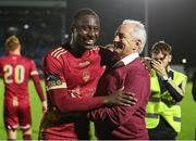 11 August 2023; Galway United manager John Caulfield celebrates with Francely Lomboto after the SSE Airtricity Men's First Division match between Waterford and Galway United at RSC in Waterford. Photo by Michael P Ryan/Sportsfile
