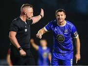 11 August 2023; Eddie Nolan of Waterford remonstrates with referee Alan Patchell during the SSE Airtricity Men's First Division match between Waterford and Galway United at RSC in Waterford. Photo by Michael P Ryan/Sportsfile