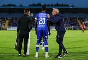 11 August 2023; Waterford head coach Keith Long gives instructions to Romeo Akachukwu during the SSE Airtricity Men's First Division match between Waterford and Galway United at RSC in Waterford. Photo by Michael P Ryan/Sportsfile