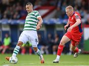 11 August 2023; Graham Burke of Shamrock Rovers in action against Gavin Molloy of Shelbourne during the SSE Airtricity Men's Premier Division match between Shelbourne and Shamrock Rovers at Tolka Park in Dublin. Photo by Seb Daly/Sportsfile