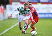 11 August 2023; Dylan Watts of Shamrock Rovers in action against Shane Griffin of Shelbourne during the SSE Airtricity Men's Premier Division match between Shelbourne and Shamrock Rovers at Tolka Park in Dublin. Photo by Seb Daly/Sportsfile