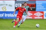 11 August 2023; Will Jarvis of Shelbourne in action against Ronan Finn of Shamrock Rovers during the SSE Airtricity Men's Premier Division match between Shelbourne and Shamrock Rovers at Tolka Park in Dublin. Photo by Seb Daly/Sportsfile