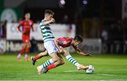 11 August 2023; Johnny Kenny of Shamrock Rovers in action against Jad Hakiki of Shelbourne during the SSE Airtricity Men's Premier Division match between Shelbourne and Shamrock Rovers at Tolka Park in Dublin. Photo by Seb Daly/Sportsfile