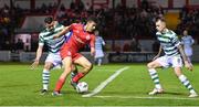 11 August 2023; Jad Hakiki of Shelbourne in action against Aaron Greene of Shamrock Rovers during the SSE Airtricity Men's Premier Division match between Shelbourne and Shamrock Rovers at Tolka Park in Dublin. Photo by Seb Daly/Sportsfile