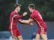 11 August 2023; Killian Brouder of Galway United, right, celebrates after scoring his side's first goal with teammate Ronan Manning during the SSE Airtricity Men's First Division match between Waterford and Galway United at RSC in Waterford. Photo by Michael P Ryan/Sportsfile