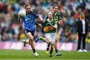 30 July 2023; Lily Monahan, Scoil Naomh Iósaf, Baltinglass, Wicklow, representing Dublin, in action against Bláithín Mallon, Moneynick PS, Randalstown, Antrim, representing Kerry, during the INTO Cumann na mBunscol GAA Respect Exhibition Go Games at the GAA Football All-Ireland Senior Championship final match between Dublin and Kerry at Croke Park in Dublin. Photo by Eóin Noonan/Sportsfile