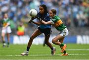 30 July 2023; Ciara Lane, Saint Attracta's Senior NS, Dundrum, Dublin, representing Dublin, in action against Amelie O'Sullivan, Scoil Eoin, Baloonogh, Tralee, Kerry, representing Kerry, during the INTO Cumann na mBunscol GAA Respect Exhibition Go Games at the GAA Football All-Ireland Senior Championship final match between Dublin and Kerry at Croke Park in Dublin. Photo by Eóin Noonan/Sportsfile