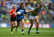 30 July 2023; Lily Monahan, Scoil Naomh Iósaf, Baltinglass, Wicklow, representing Dublin, in action against Lauren Morley, Carnmore NS, Oranmore, Galway, representing Kerry, during the INTO Cumann na mBunscol GAA Respect Exhibition Go Games at the GAA Football All-Ireland Senior Championship final match between Dublin and Kerry at Croke Park in Dublin. Photo by Eóin Noonan/Sportsfile