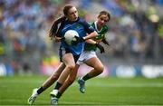 30 July 2023; Lily Monahan, Scoil Naomh Iósaf, Baltinglass, Wicklow, representing Dublin, in action against Lauren Morley, Carnmore NS, Oranmore, Galway, representing Kerry, during the INTO Cumann na mBunscol GAA Respect Exhibition Go Games at the GAA Football All-Ireland Senior Championship final match between Dublin and Kerry at Croke Park in Dublin. Photo by Eóin Noonan/Sportsfile