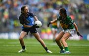 30 July 2023; Lily Monahan, Scoil Naomh Iósaf, Baltinglass, Wicklow, representing Dublin, in action against Lauren Morley, Carnmore NS, Oranmore, Galway, representing Kerry, during the INTO Cumann na mBunscol GAA Respect Exhibition Go Games at the GAA Football All-Ireland Senior Championship final match between Dublin and Kerry at Croke Park in Dublin. Photo by Eóin Noonan/Sportsfile