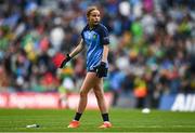 30 July 2023; Emily Lynam Carroll, St Mary's NS, Pullough, Offaly, representing Dublin, during the INTO Cumann na mBunscol GAA Respect Exhibition Go Games at the GAA Football All-Ireland Senior Championship final match between Dublin and Kerry at Croke Park in Dublin. Photo by Eóin Noonan/Sportsfile