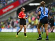30 July 2023; Referee Emma Thorp, St Fiachra's SNS, Beamount, Dublin, during the INTO Cumann na mBunscol GAA Respect Exhibition Go Games at the GAA Football All-Ireland Senior Championship final match between Dublin and Kerry at Croke Park in Dublin. Photo by Eóin Noonan/Sportsfile