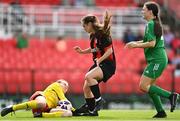 12 August 2023; Sarah Searson of Bohemians FC Waterford in action against Killarney Celtic goalkeeper Anne O'Shaughnessy during the FAI Women's U17 Cup Final match between Bohemians FC Waterford and Killarney Celtic at Turners Cross in Cork. Photo by Eóin Noonan/Sportsfile