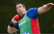 12 August 2023; Brendan Staunton of Mayo AC competing in the men's vet40 shot put during the 123.ie National Masters Track and Field Championships at in Tullamore, Offaly. Photo by Seb Daly/Sportsfile