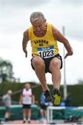 12 August 2023; Con O'Donovan of Bandon AC competing in the men's vet80 long jump during the 123.ie National Masters Track and Field Championships at in Tullamore, Offaly. Photo by Seb Daly/Sportsfile