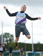12 August 2023; George Wyatt of Dundrum South Dublin AC competing in the men's vet55 long jump during the 123.ie National Masters Track and Field Championships at in Tullamore, Offaly. Photo by Seb Daly/Sportsfile