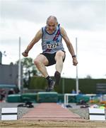 12 August 2023; Peadar McGing of Dundrum South Dublin AC competing in the men's vet65 long jump during the 123.ie National Masters Track and Field Championships at in Tullamore, Offaly. Photo by Seb Daly/Sportsfile