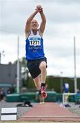 12 August 2023; Michael McCaffrey of Ratoath AC competing in the men's vet60 long jump during the 123.ie National Masters Track and Field Championships at in Tullamore, Offaly. Photo by Seb Daly/Sportsfile