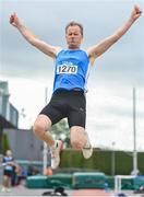 12 August 2023; Tom O'Brien of Waterford AC competing in the men's vet55 long jump during the 123.ie National Masters Track and Field Championships at in Tullamore, Offaly. Photo by Seb Daly/Sportsfile