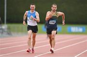 12 August 2023; John Egan of St Killian's AC, Wexford, right, and David Kidd of St Laurence O'Toole AC, Carlow, on their way to finishing first and second respectively in the men's vet40 5000m walk during the 123.ie National Masters Track and Field Championships at in Tullamore, Offaly. Photo by Seb Daly/Sportsfile