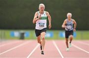 12 August 2023; Eugene Byrne of Raheny Shamrock AC on his way to winning the men's vet65 200m during the 123.ie National Masters Track and Field Championships at in Tullamore, Offaly. Photo by Seb Daly/Sportsfile
