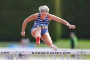 12 August 2023; Lynsey Brown of City of Lisburn AC on her way to winning the women's vet40 80m hurdles during the 123.ie National Masters Track and Field Championships at in Tullamore, Offaly. Photo by Seb Daly/Sportsfile