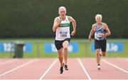 12 August 2023; Eugene Byrne of Raheny Shamrock AC on his way to winning the men's vet65 200m during the 123.ie National Masters Track and Field Championships at in Tullamore, Offaly. Photo by Seb Daly/Sportsfile