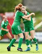 12 August 2023; Katie Doe of Killarney Celtic, right, celebrates with team-mate Kate Forde after scoring her side's first goal during the FAI Women's U17 Cup Final match between Bohemians FC Waterford and Killarney Celtic at Turners Cross in Cork. Photo by Eóin Noonan/Sportsfile