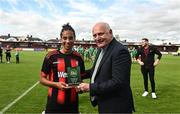 12 August 2023; Ellen Meaney of Bohemians fc Waterford is presented with the players of the match trophy by FAI President Gerry McAnaney after the FAI Women's U17 Cup Final match between Bohemians FC Waterford and Killarney Celtic at Turners Cross in Cork. Photo by Eóin Noonan/Sportsfile