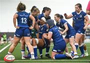 12 August 2023; Eimear Corri of Leinster is congratulated by teammates after scoring her side's first try during the Vodafone Women’s Interprovincial Championship match between Connacht and Leinster at The Sportsground in Galway. Photo by Ramsey Cardy/Sportsfile