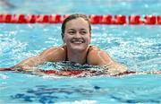 12 August 2023; Mona McSharry of Ireland celebrates after winning the women's 100m breaststroke final during day two of the European U23 Swimming Championships at the National Aquatic Centre in Dublin. Photo by Tyler Miller/Sportsfile