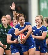 12 August 2023; Sene Taiti-Fanene of Leinster celebrates after scoring her side's second try during the Vodafone Women’s Interprovincial Championship match between Connacht and Leinster at The Sportsground in Galway. Photo by Ramsey Cardy/Sportsfile